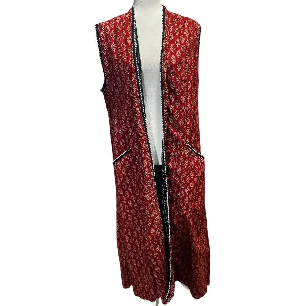 Orvis Indian Block Print Full Length Sleeveless Duster Vest – 100% Cotton (L) - Picture 2 of 7